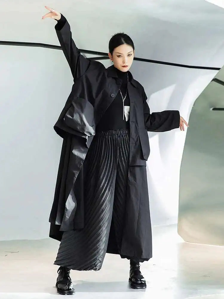 Women Black Big Size Long Pocket Trench New Lapel Long Sleeve Loose Fit Windbreaker Fashion Spring Autumn 2025 1DE3081