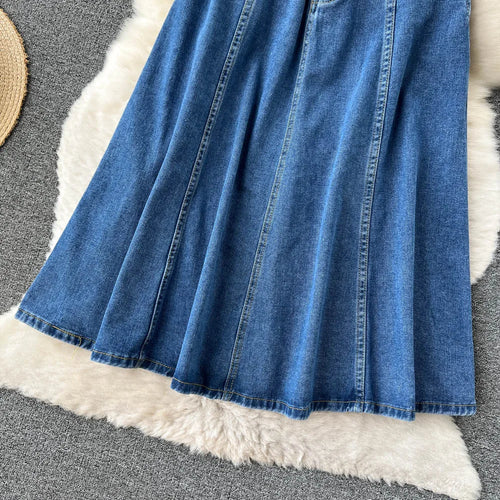 Load image into Gallery viewer, Summer Women Retro High Waist Blue Denim Skirts A Line Casual High Elastic Waist Streetwear Midi Pleated Button Jeans Skirt Chic
