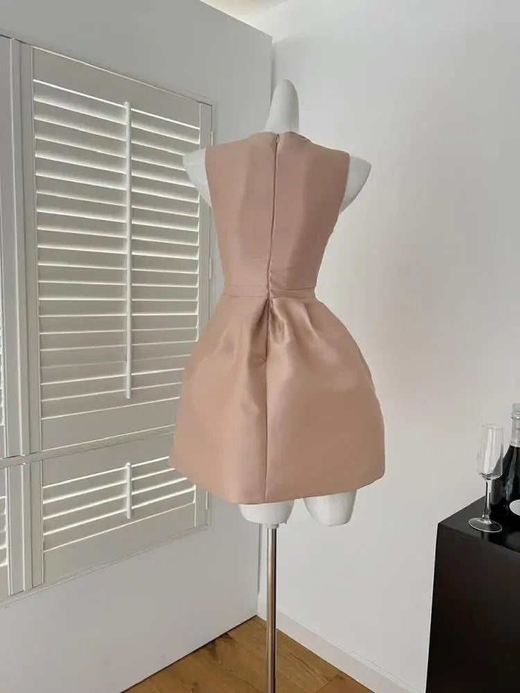 Summer French Sweet Brown Patchwork Lace Elegant Slim Bow Party Dress Women High Waist Sleeveless Princess Vest Short Dress Chic