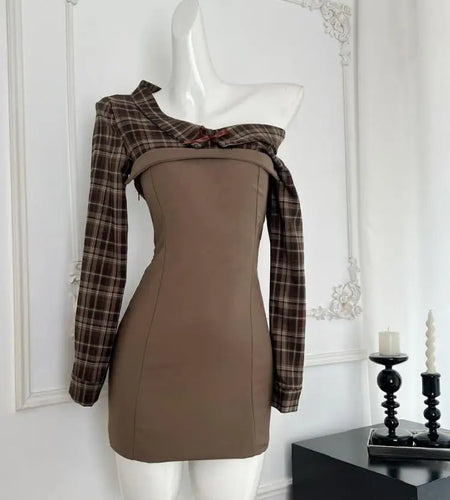 Vintage Women Korean Brown Brown Patchwork Elegant Sexy Short Dress Autumn Long Sleeve Vacation Evening Party Mini Dress Popular
