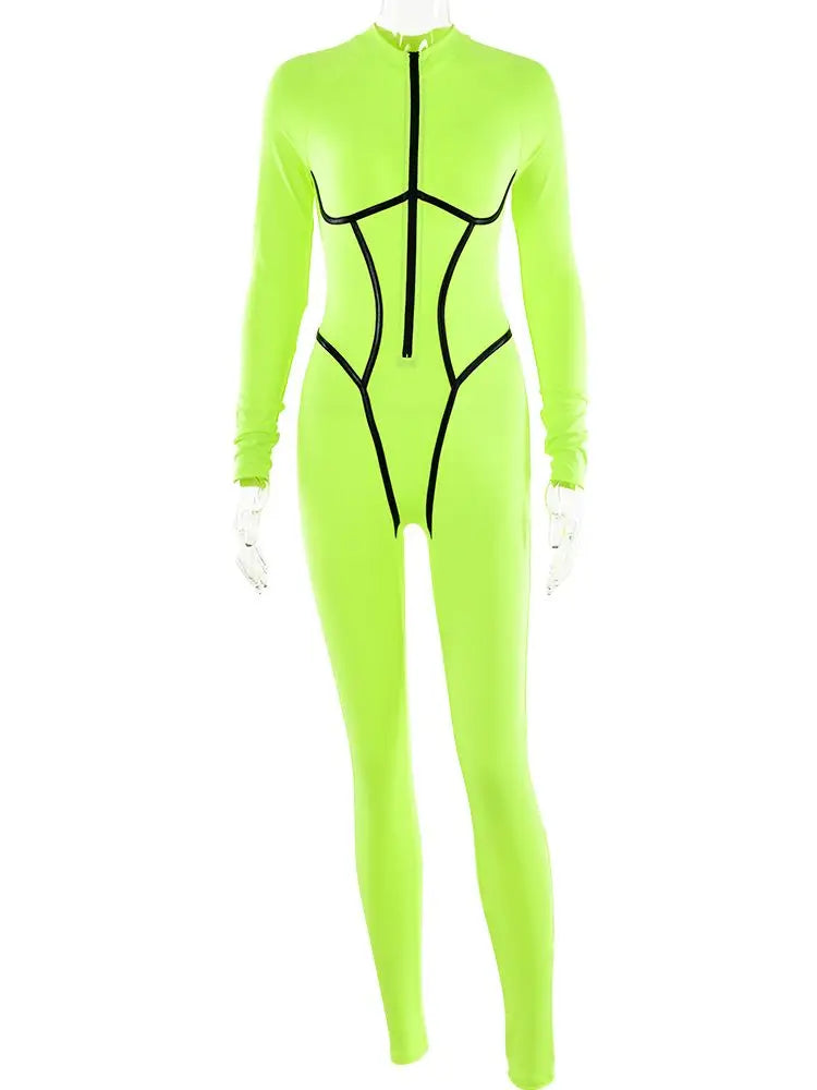 Sexy Zipper Women Jumpsuit Long Sleeve Bandage Tights Solid Jumpsuits Female Party Bodycon Stretch Sporty & Leisure