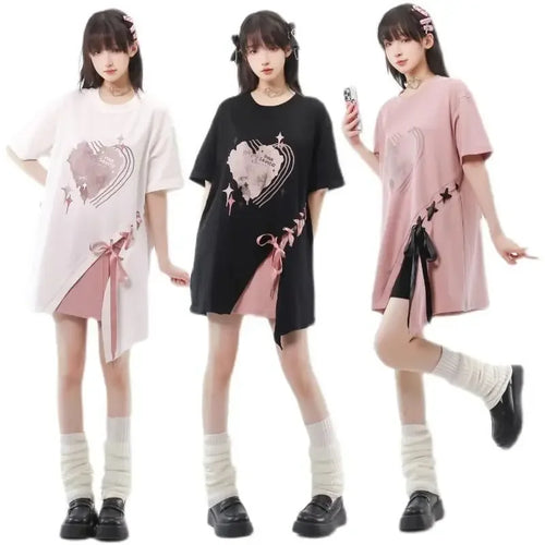 Load image into Gallery viewer, Japanese Woman Tshirts 2023 Ropa Mujer Patchwork Print Bandage Y2k T Shirts Fashion Summer Tees Oversized Tops Sweet T-shirts
