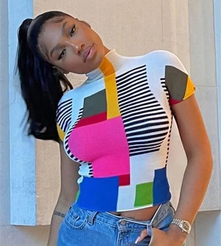 Top Ladies Patchwork Printed Half Turtleneck Short Sleeves Female Outgoing All-match Clothing 2022 Summer New Hot Sale