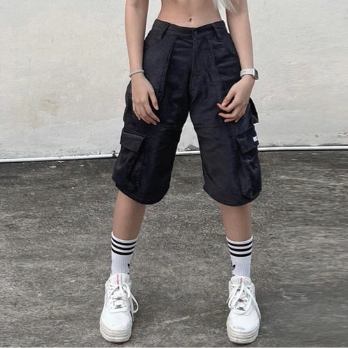 Load image into Gallery viewer, Streetwear Black Multi Pockets Basic Cargo Shorts Women Casual Baggy Summer Shorts Outfits Mid-Pants Straight Capris
