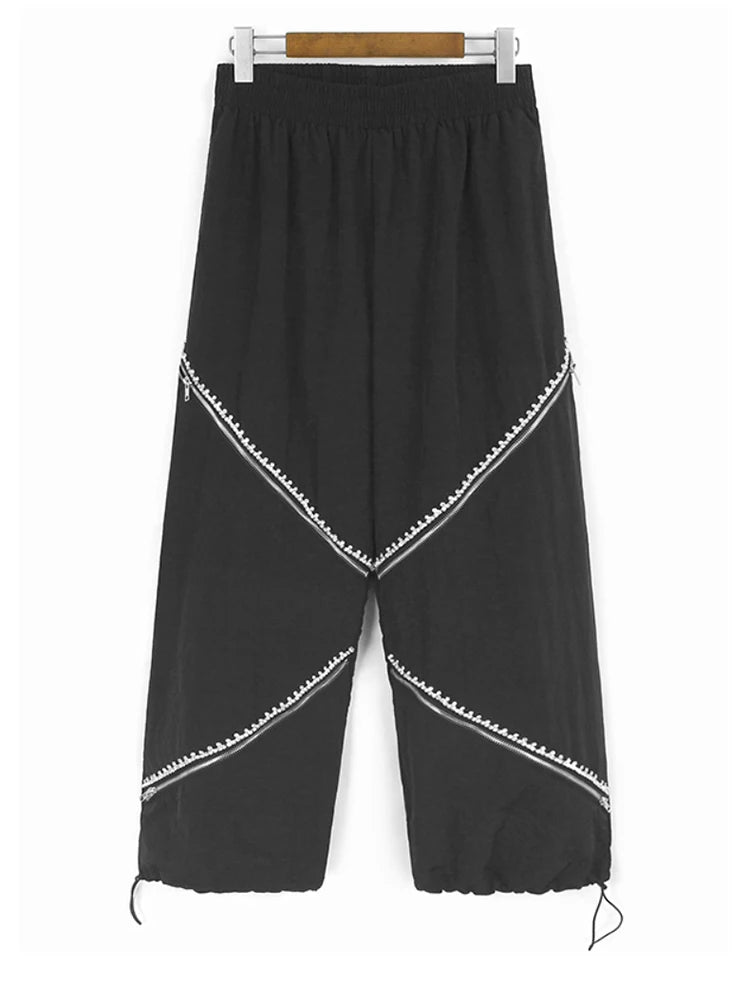 High Elastic Waist Apricot Rhinestones Zipper Wide Leg Pants New Trousers Women Fashion Tide Spring Autumn 2025 1DJ1192