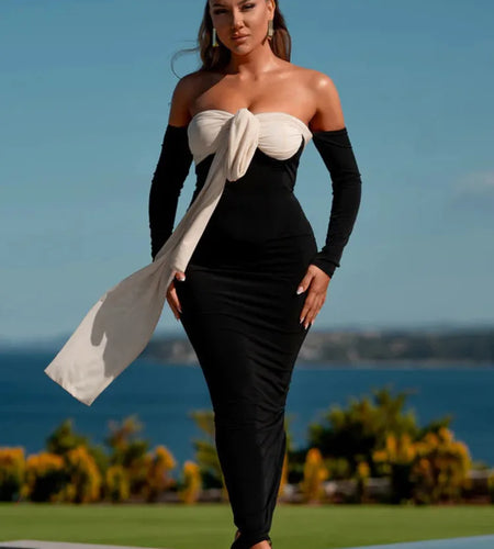 Patchwork Off-shoulder Sexy Maxi Dress For Women Gown Contrast Color Strapless Long Sleeve Bodycon Sexy Long Dress