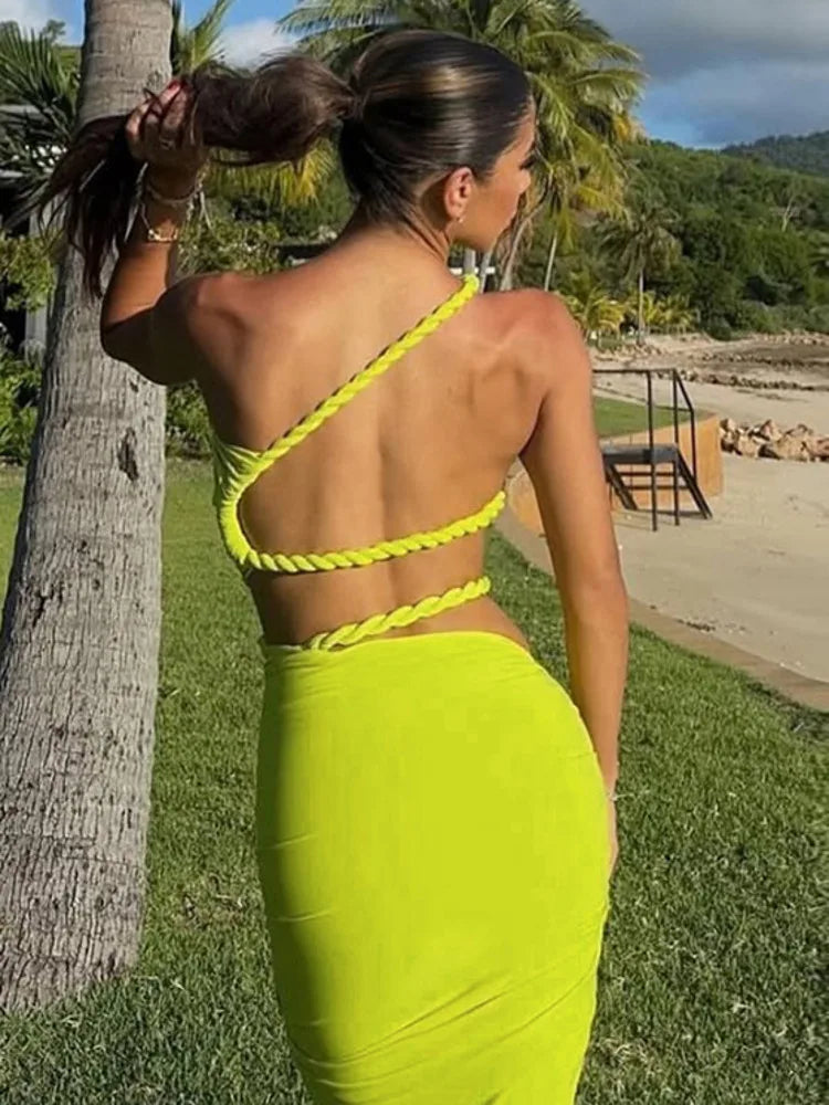 Green Sexy Two Piece Sets Women Oblique Shoulder Crop Tops And Maxi Skirt Female Thigh High Split Ruched Long Dress