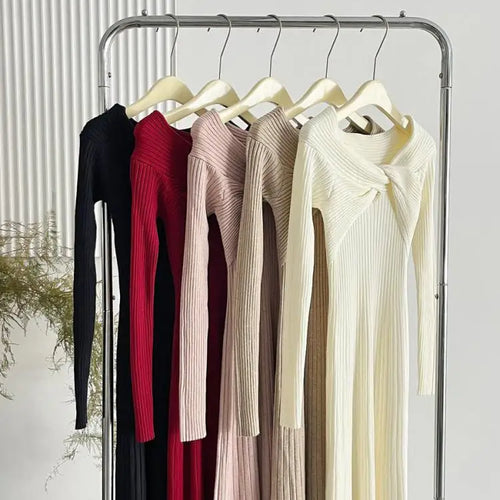 Load image into Gallery viewer, French Women's Autumn Winter White Elegant Slim Knitted Sweater Dress Khaki Red Long Sleeved Office Pleated Dress Fashion Simple
