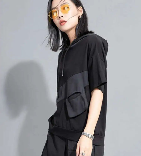 Women Yellow Pocket Color-block Big Size Casual T-shirt New Hooded Short Sleeve Fashion Tide Spring Summer 2025 1DH9834