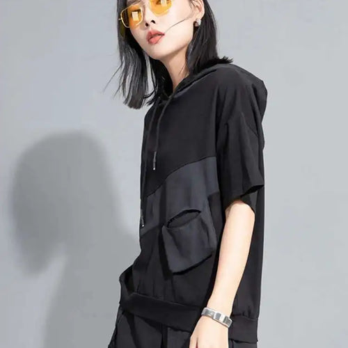 Load image into Gallery viewer, Women Yellow Pocket Color-block Big Size Casual T-shirt New Hooded Short Sleeve Fashion Tide Spring Summer 2025 1DH9834

