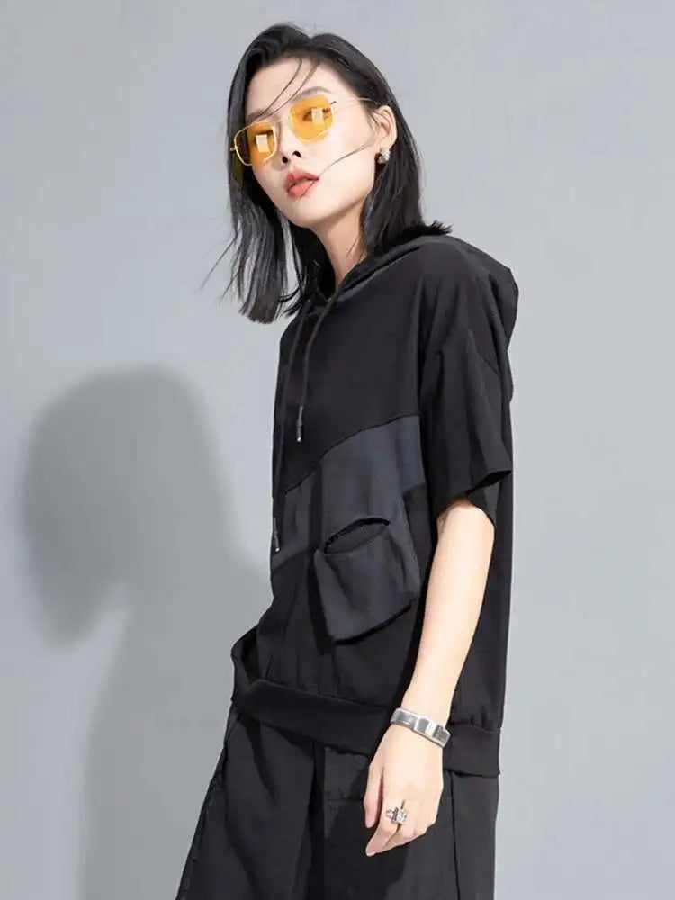 Women Yellow Pocket Color-block Big Size Casual T-shirt New Hooded Short Sleeve Fashion Tide Spring Summer 2025 1DH9834