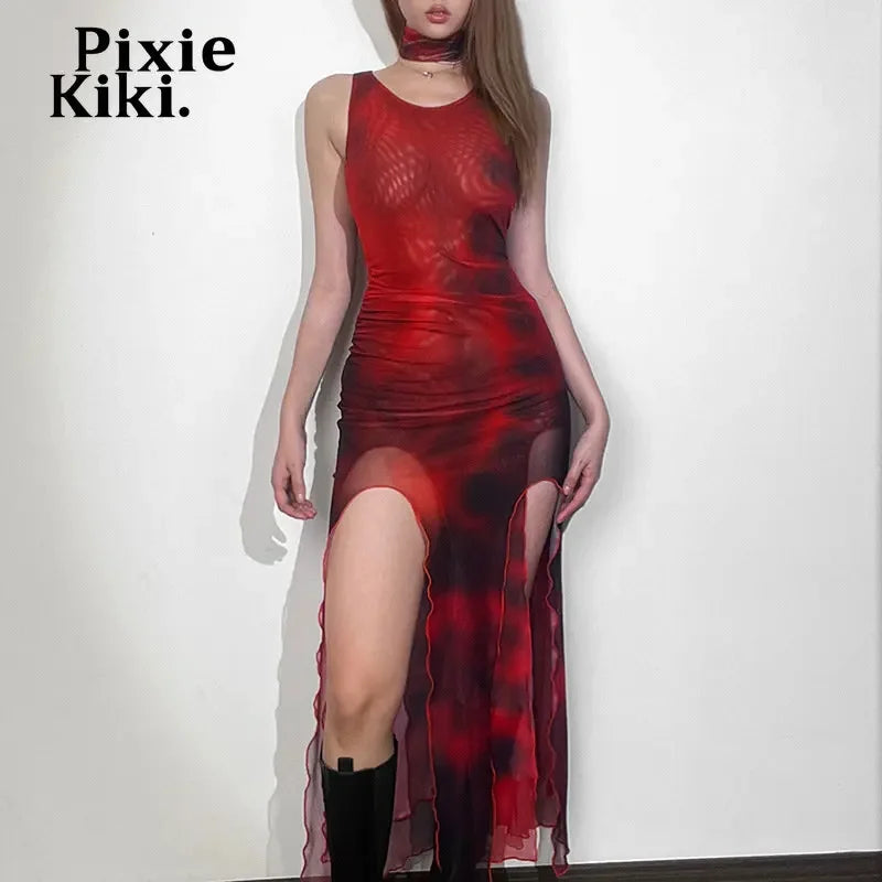 Red Print Mesh Sheer Asymmetric Dress Sexy Frill High Split Strapless Long Dresses for Women Club Outfit 2023 P71-DH26