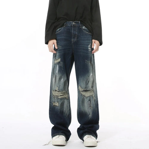 Load image into Gallery viewer, High Street Men&#39;s Two-piece Sets Worn-out Plotch Hole Turn-down Collar Denim Jackets Straight Wide Leg Male Jeans 9C8969
