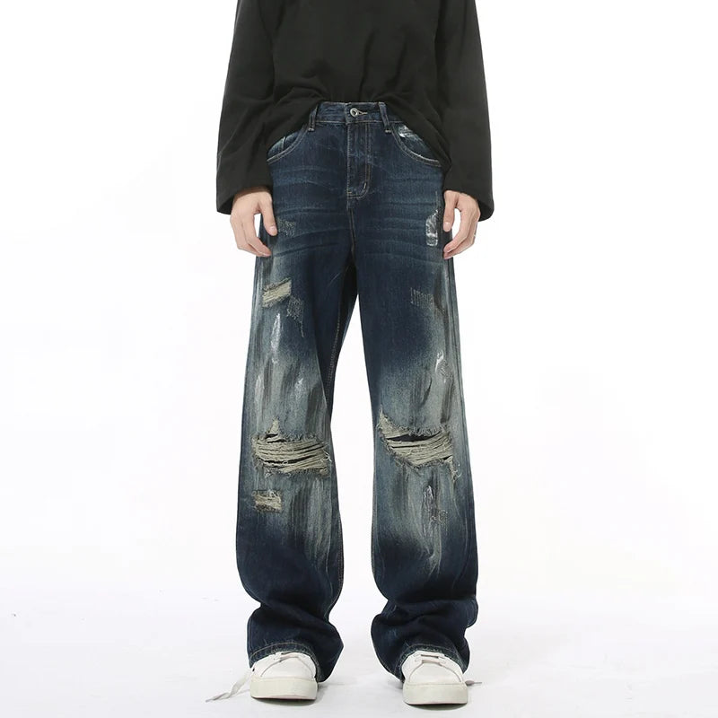 High Street Men's Two-piece Sets Worn-out Plotch Hole Turn-down Collar Denim Jackets Straight Wide Leg Male Jeans 9C8969