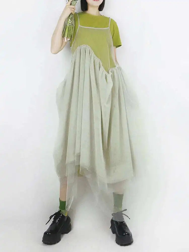 Women Green Mesh Layers Elegant Spaghetti Strap Dress New Square Collar Sleeveless Fashion Tide Spring Autumn 2025 1DJ0363