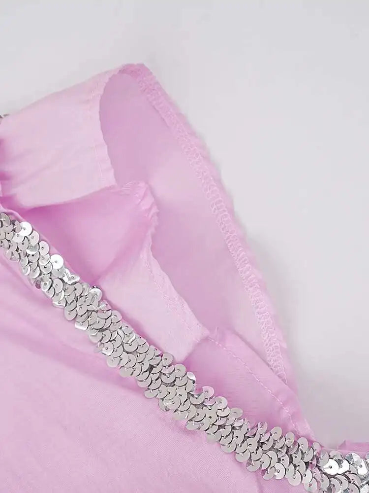 Women pink Color Sequins Mesh Ruffles Big Size Blouse New Lapel Sleeveless Shirt Fashion Tide Spring Summer 2025 CPG1527