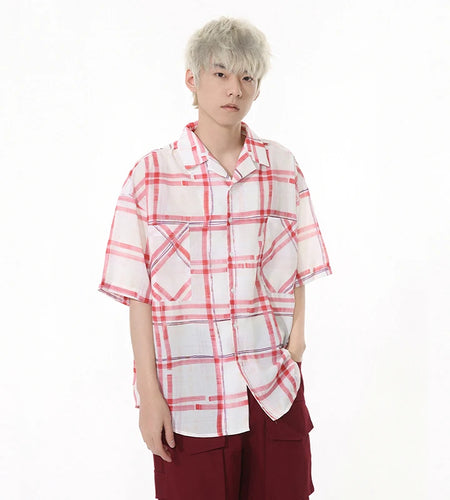 Summer Men's Shirt Lapel Irregular Plaid Contrast Color Design Single Breasted Loose Short Sleeved Niche Male Tops 9W1257