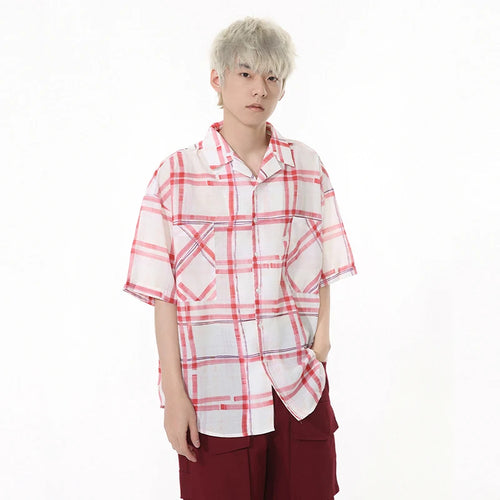 Load image into Gallery viewer, Summer Men's Shirt Lapel Irregular Plaid Contrast Color Design Single Breasted Loose Short Sleeved Niche Male Tops 9W1257
