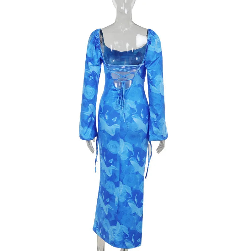 Blue Floral Print Sexy Maxi Dress For Women Gown Autumn New Square Collar Long Sleeve Lace-up Sexy Long Dress Elegant
