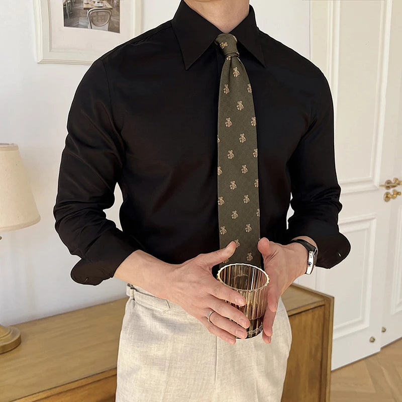 Men's Business Long Sleeved Shirts New Korean Style Solid Color Simple Trendy Lapel Loose Male Handsome Clothing 9W1874