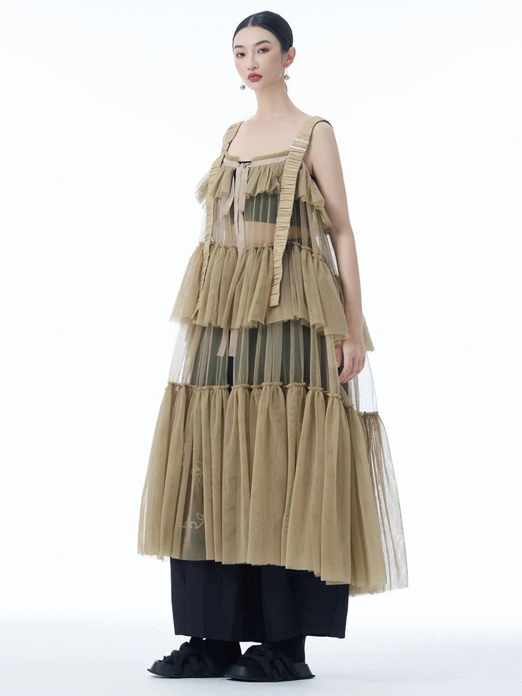 Women Black Mesh Perspective Big Size Strap Dress New Square Collar Sleeveless Fashion Tide Spring Summer 2025 1DJ1242