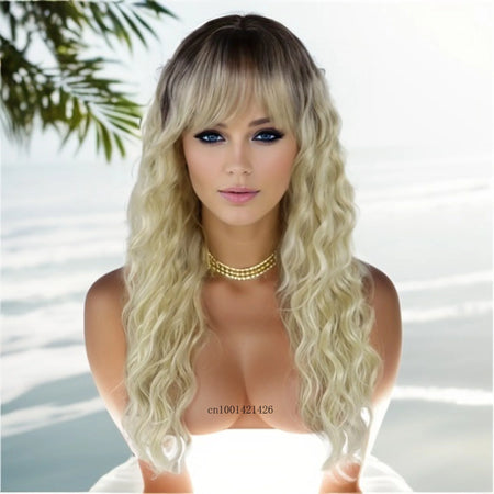 Long Curly Wigs with Bangs Synthetic Hair Natural Wigs for White Women Golden Blonde Wig Dark Roots Ombre Color Hair Healthy Wig