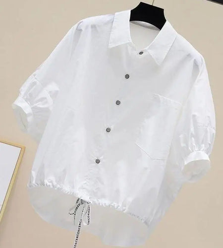 Summer New Bat Sleeve Pockets Shirt Women Loose Casual Short Sleeve Blouse Solid Lace Up Tops Half Shirts Lady High Street Trend