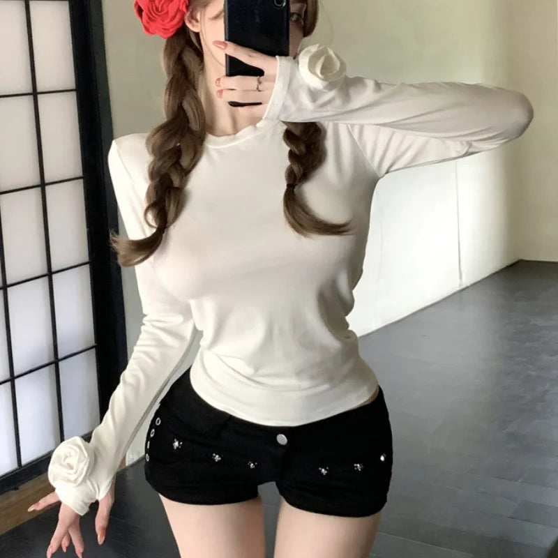 y2k Aesthetic Tops Women Clothes Solid Color Round Neck Long Sleeve T Shirt with 3D Flower 2000s Clothing Club Wear
