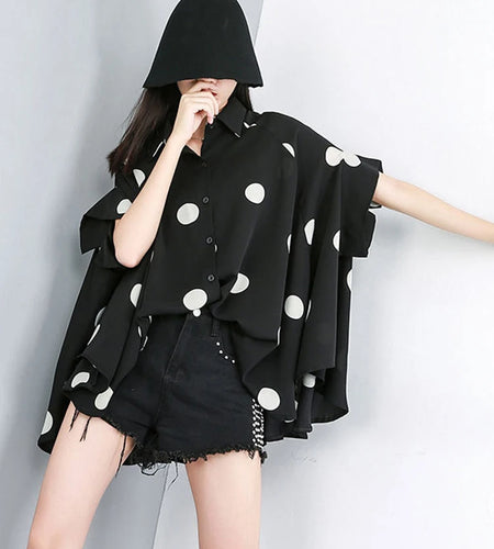 Women Black Dot Printed Big Size Blouse New Lapel Short Batwing Sleeve Shirt Fashion Tide Spring Summer 2025 1DE7714
