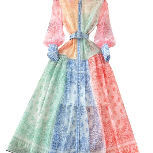 Load image into Gallery viewer, Spring Autumn 2025 New Women Fashion Rainbow Print Elegant Shirt Long Dresses Vintage Single Breasted Party Dress Bohemian Trend
