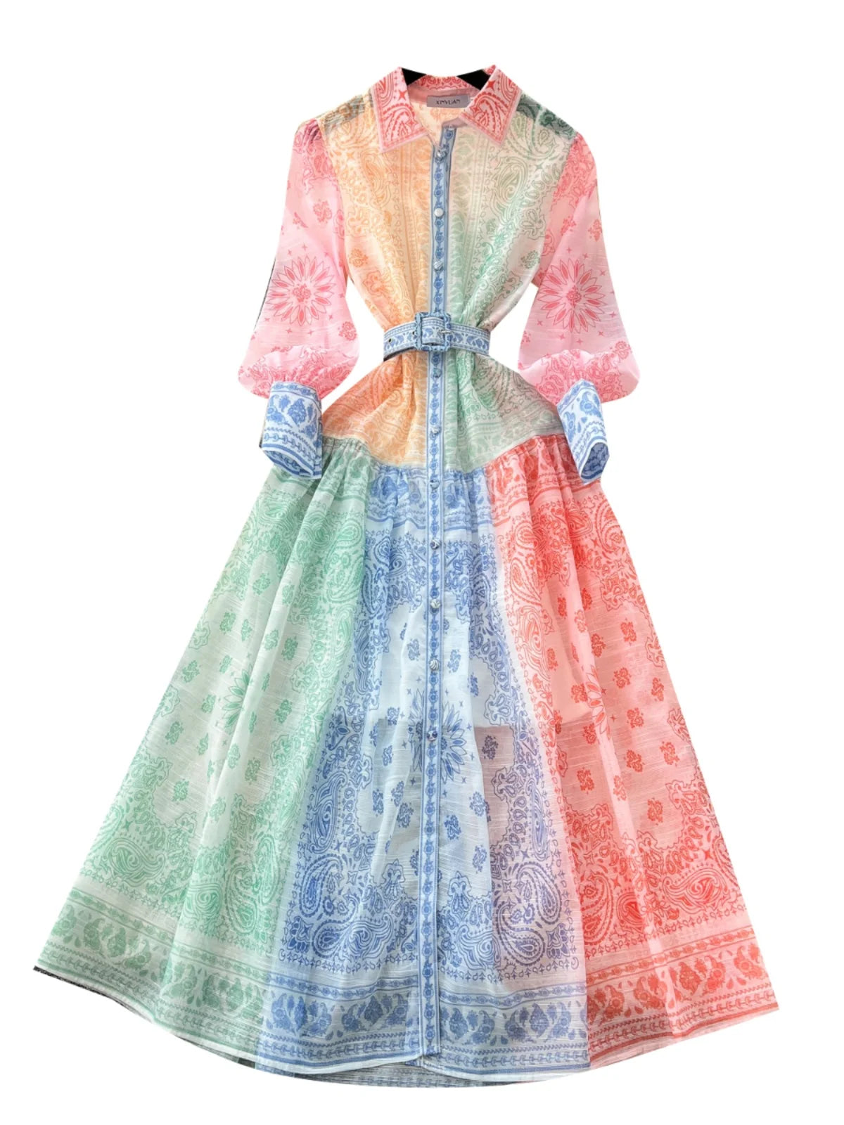 Spring Autumn 2025 New Women Fashion Rainbow Print Elegant Shirt Long Dresses Vintage Single Breasted Party Dress Bohemian Trend