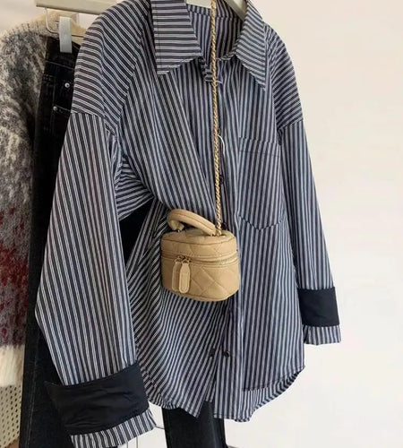 Autumn Vintage Gray Striped Patchwork Single Breasted Shirt Women Casual Loose Long Sleeve Fashion Blouses Tops Streetwear Trend