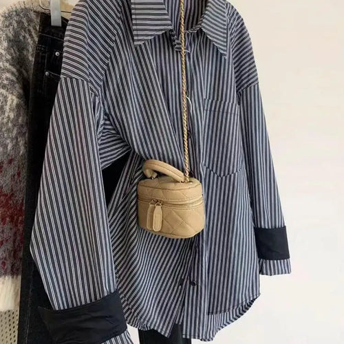 Load image into Gallery viewer, Autumn Vintage Gray Striped Patchwork Single Breasted Shirt Women Casual Loose Long Sleeve Fashion Blouses Tops Streetwear Trend
