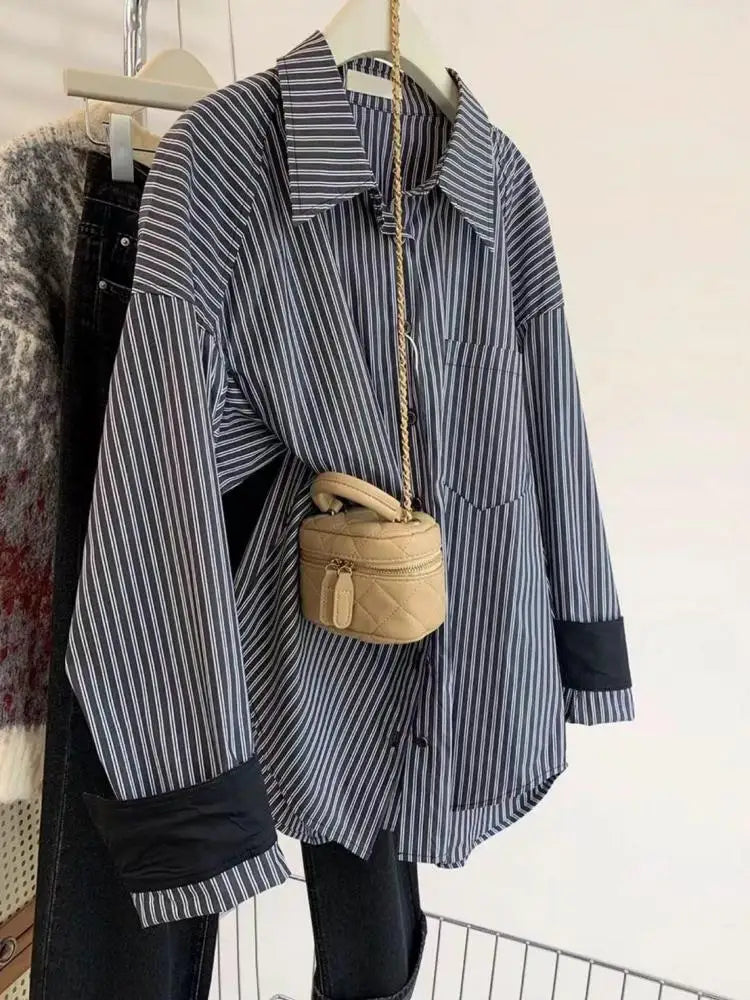 Autumn Vintage Gray Striped Patchwork Single Breasted Shirt Women Casual Loose Long Sleeve Fashion Blouses Tops Streetwear Trend