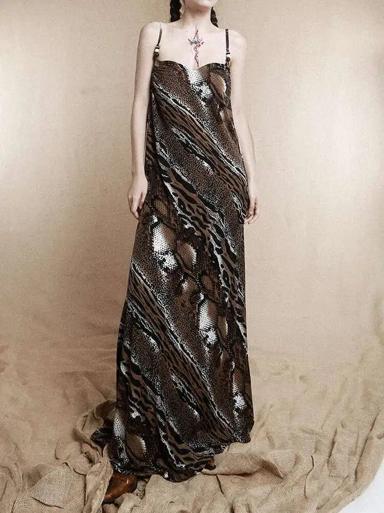 Women Coffee Leopard Printed Long Spaghetti Strap Dress New Square Collar Sleeveless Fashion Spring Autumn 2025 1DH8446
