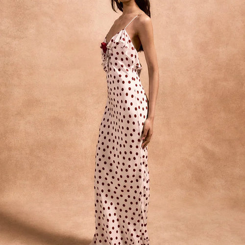 Load image into Gallery viewer, Rose Polka Dot Maxi Dress For Women Gown Spaghetti Strap Off-shoulder Sleeveless Backless Elegant Evening Club Dress
