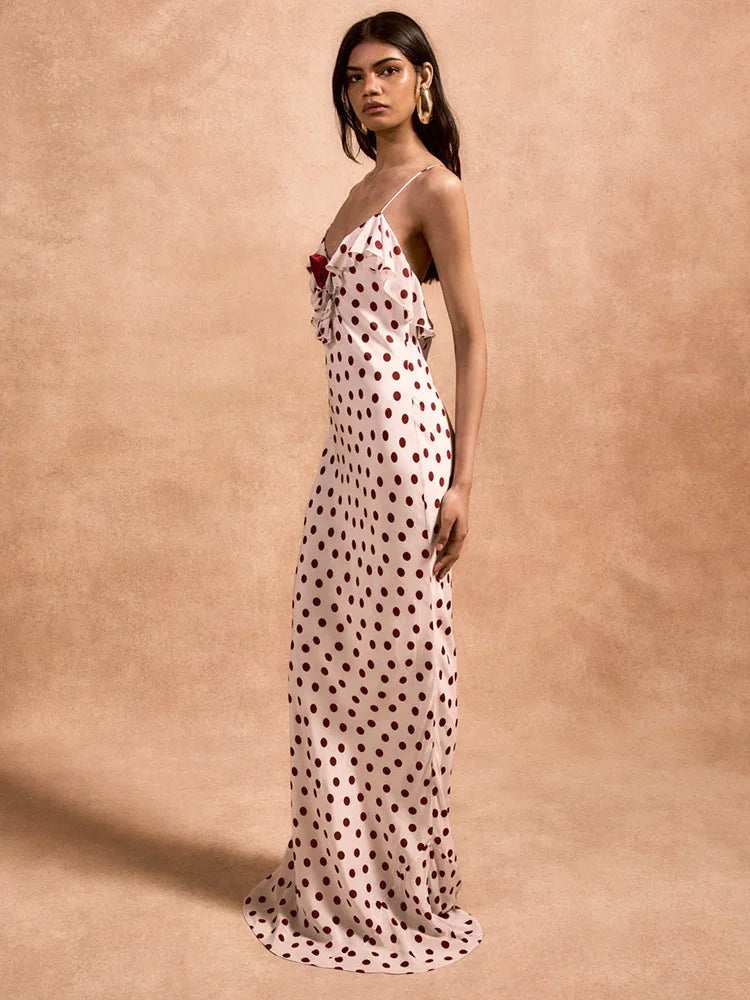 Rose Polka Dot Maxi Dress For Women Gown Spaghetti Strap Off-shoulder Sleeveless Backless Elegant Evening Club Dress