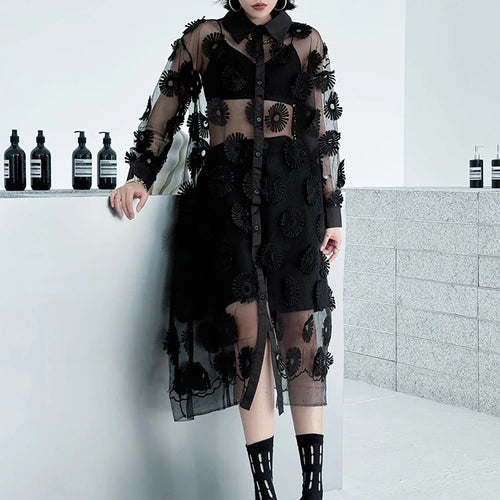 Load image into Gallery viewer, Women Black Mesh Embroidery Perspective Big Size Shirt Dress New Lapel Long Sleeve Fashion Spring Summer 2025 1DJ1154
