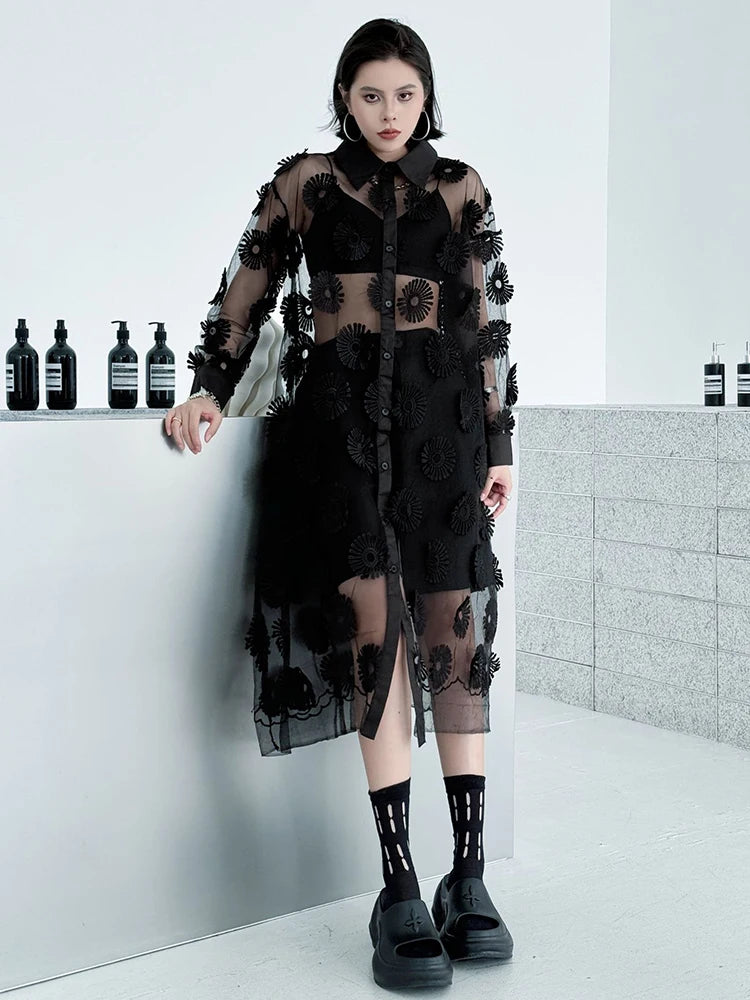 Women Black Mesh Embroidery Perspective Big Size Shirt Dress New Lapel Long Sleeve Fashion Spring Summer 2025 1DJ1154