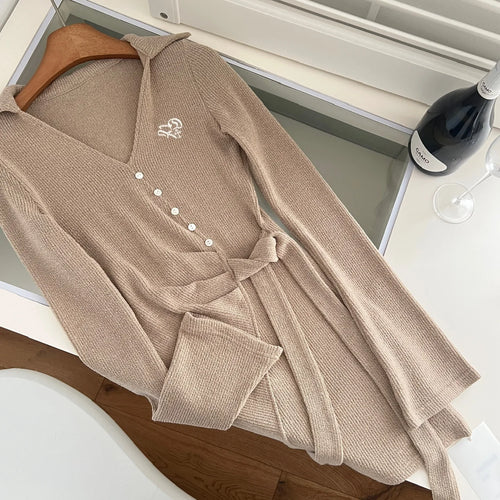 Load image into Gallery viewer, Korean Brown V-neck Temperament Office Long Sleeve Button Bandage Short Dress For Women 2024 Autumn White New Knitted Mini Dress
