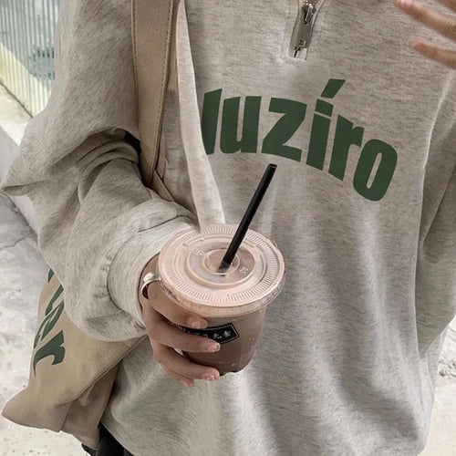 Load image into Gallery viewer, Letter Printed Polo Neck Female Hoodies Fashion Streetwear Spell Color Zipper Simple Casual Women&#39;s Hoodies Office Ladies
