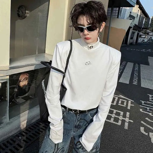 Load image into Gallery viewer, Male  T-shirt Mock Neck Metal Buckle Niche Design Solid Color Men Long Sleeve Tops Men&#39;s Clothing Spring Chic 9C4638
