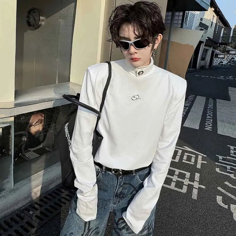 Male  T-shirt Mock Neck Metal Buckle Niche Design Solid Color Men Long Sleeve Tops Men's Clothing Spring Chic 9C4638