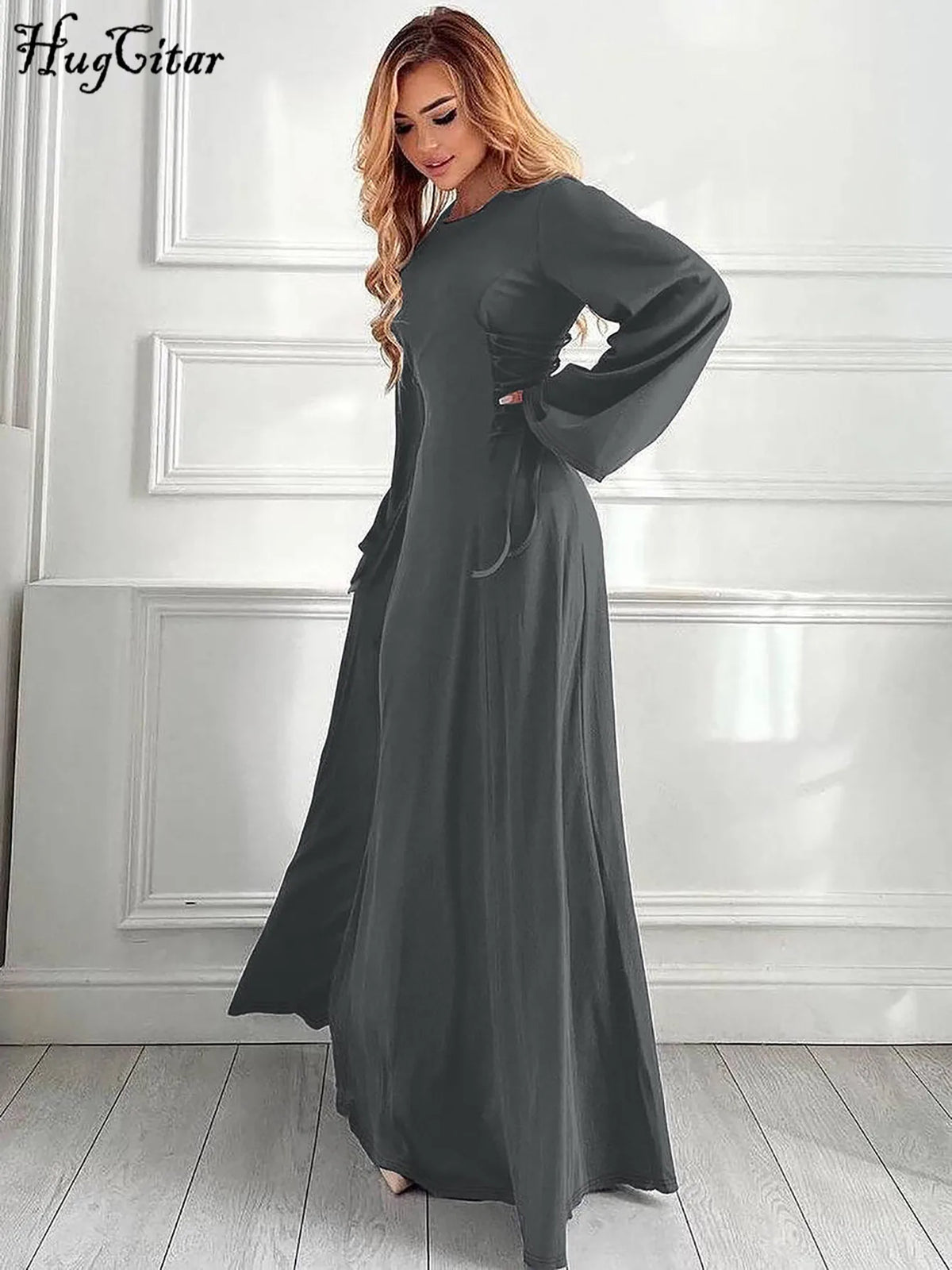 Ribbed Solid O Neck Long Flare Sleeve Bandage Sexy Bodycom Maxi Dress Fall Elegant Y2K Outfits Birthday Party Outfits