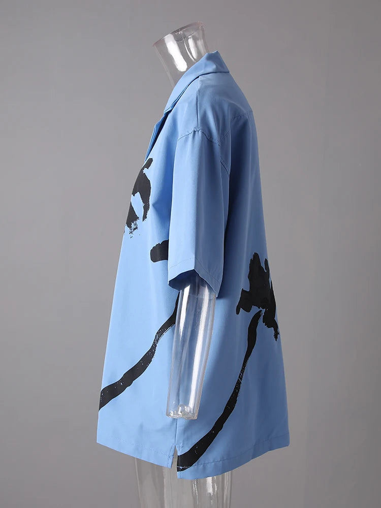 Women Blue Pattern Printed Big Size Casual Blouse New Lapel Short Sleeve Shirt Fashion Tide Spring Summer 2025 CPG3077