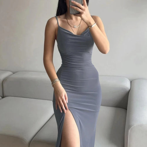 Load image into Gallery viewer, Elegant Solid Swinging Collar Slips Backless Slit Sexy Slim Midi Prom Dress Summer Women Clothes Party Festival
