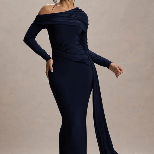 Load image into Gallery viewer, Skew Collar Long Sleeve Sexy Maxi Dress For Women Gown Fashion Backless Draped Ruched Bodycon Club Long Dress Elegant
