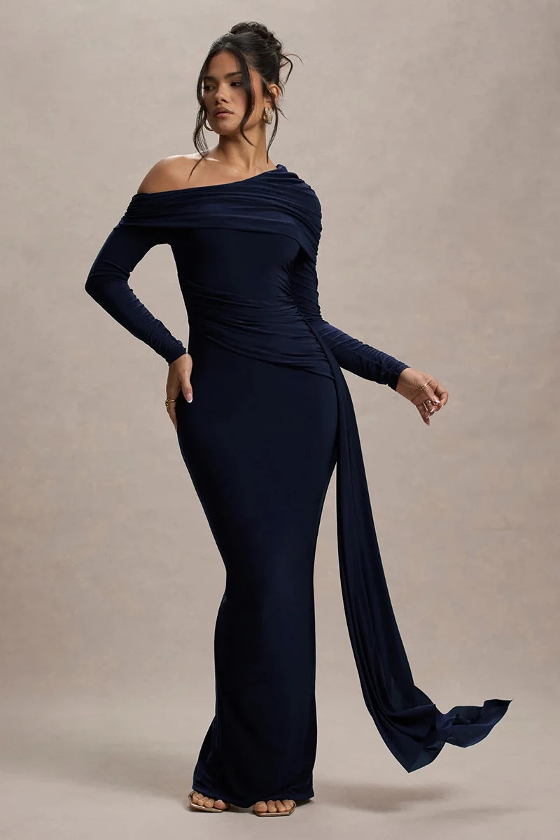 Skew Collar Long Sleeve Sexy Maxi Dress For Women Gown Fashion Backless Draped Ruched Bodycon Club Long Dress Elegant