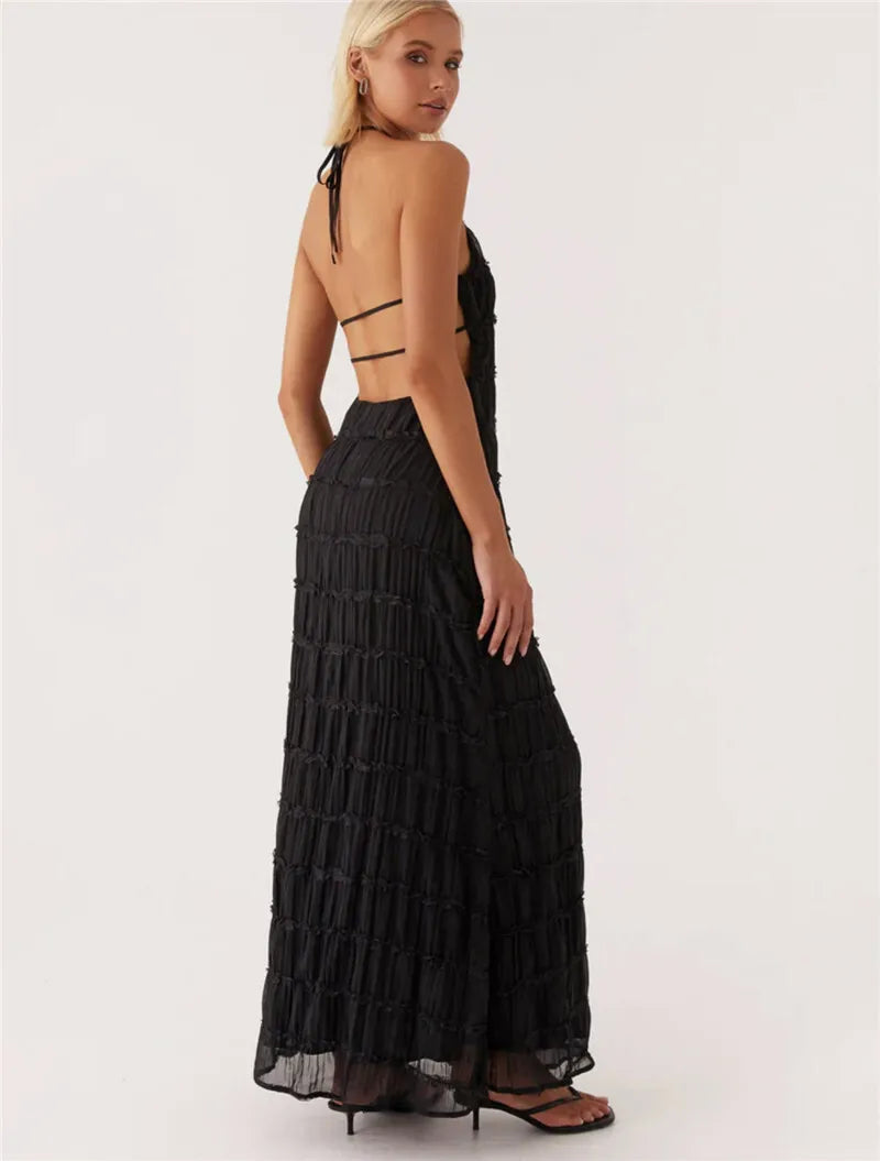 Halter Backless Sexy Maxi Dress For Women Spring Summer New Lace-up Sleeveless Pleated Beach Holiday Long Dress Elegant