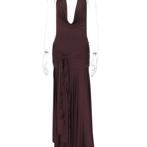 Load image into Gallery viewer, Halter Deep V Neck Sexy Maxi Dress For Women Gown Sleeveless Backless Thigh High Split Ruched Bodycon Long Dress
